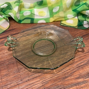 Vintage Uranium Glass Round Handled Dish | Green Vaseline Glowing Kitchen Plate | UV Reactive Collectible | Antique Glassware Rare Tableware