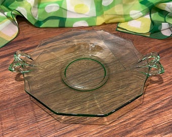 Vintage Uranium Glass Round Handled Dish | Green Vaseline Glowing Kitchen Plate | UV Reactive Collectible | Antique Glassware Rare Tableware