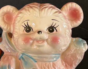 Vintage Pink Bear Planter Vase Baby Nursery Decor Baby Shower Trinket Dish Japan 1980’s