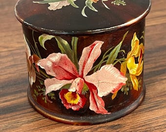Antique Papier Mâché Powder Box with Puff and Powder – Hand-Painted Floral Victorian Vanity Pot – Rare Lake Box Collectible