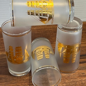 Vintage Culver Schooner Ship Highball Glasses – Set with 22k Gold Trim & Frosted Glass – Mid-Century Barware by Culver Ltd.