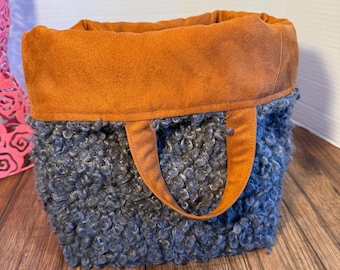 Atenti Hope Basket Curly Cute Charcoal | Faux Grey Sherpa Knitting Project Bag | Roomy Yarn Organizer with Leather Accents | USA Made