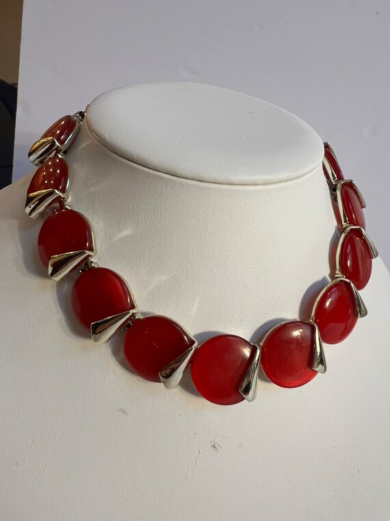 Vintage Charel Red Lucite Link Necklace: 1950's Mo