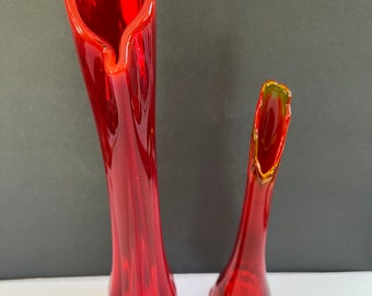 Vintage Vase LE Smith Amberina Red Yellow Flame Swung Pedestal Art Glass Large Glass Vase