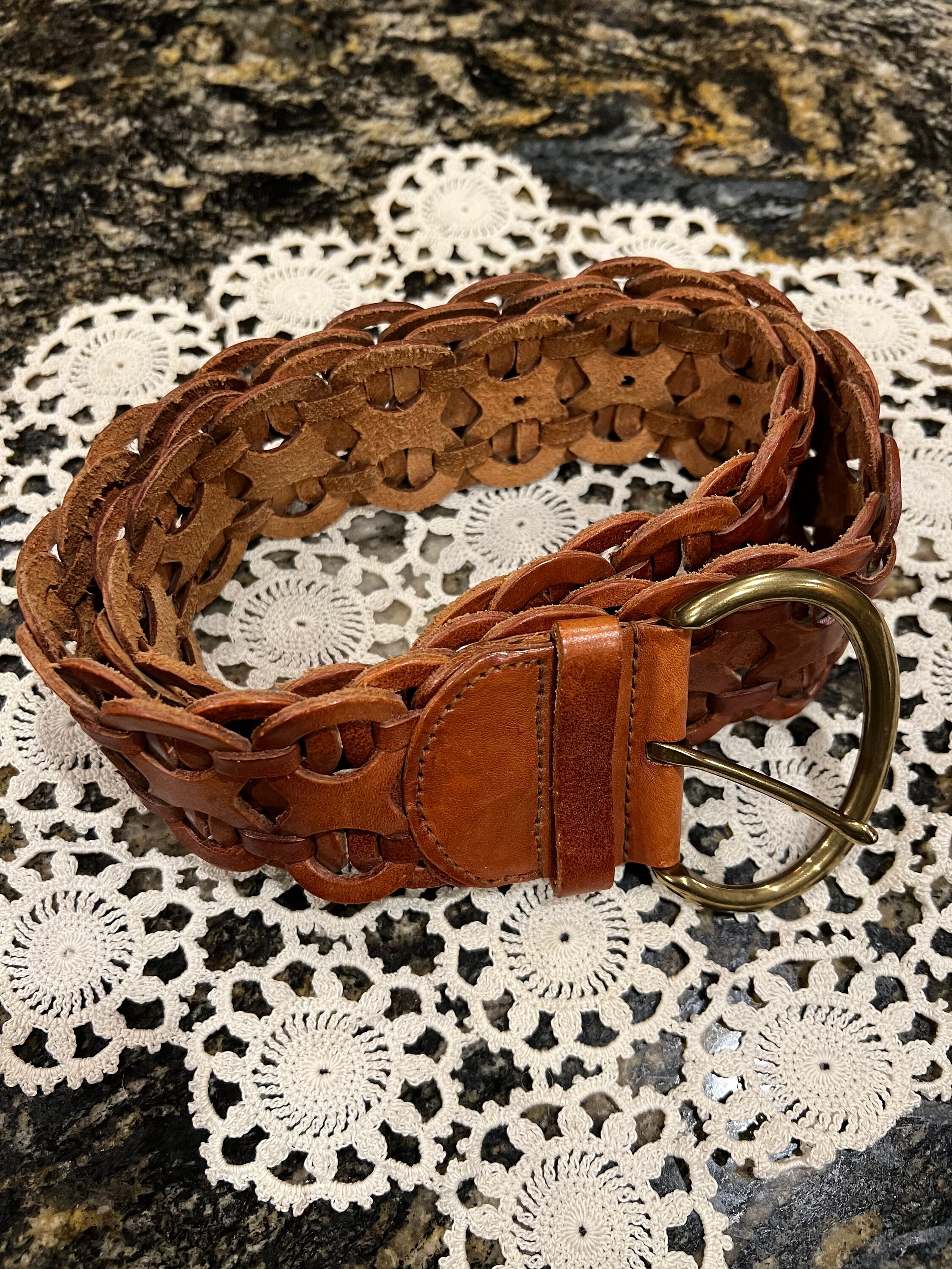 Vintage Fossil Wide Woven Belt - Genuine Brown Leather, Soft 