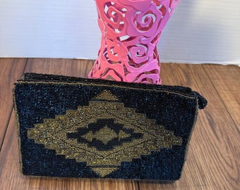 Vintage Genie Gold Black Beaded Clutch | Geometric Diamond Evening Bag | Art Deco Style Handmade Korea | Retro Shoulder Purse
