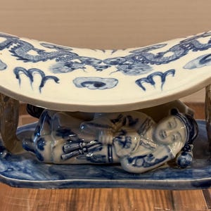 Antique Chinese Porcelain Headrest Pillow - Blue White Dragon Motif - Reclining Figure Base - Qing Dynasty Scholar&#39;s Object - Rare