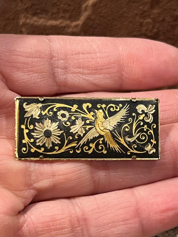 Vintage Damascene Pin Brooch Black Gold Bird Flow… - image 3