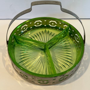 Vintage Glowing Uranium Vaseline Glass Relish Tray/Candy Dish - Art Deco Depression Era Green Trinket Dish for Collectors Glass Collector