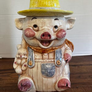 Tarro de galletas vintage de la década de 1960 con forma de cerdo de granja, con diseño de tesoros y conejo, fabricado en EE. UU., coleccionable de cocina retro, decoración de mediados de siglo.