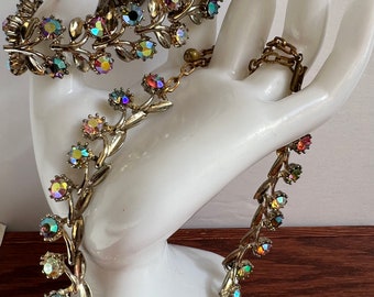 Vintage Aurora Borealis Crystal Rhinestone Necklace and Bracelet Set AB Silver Tone