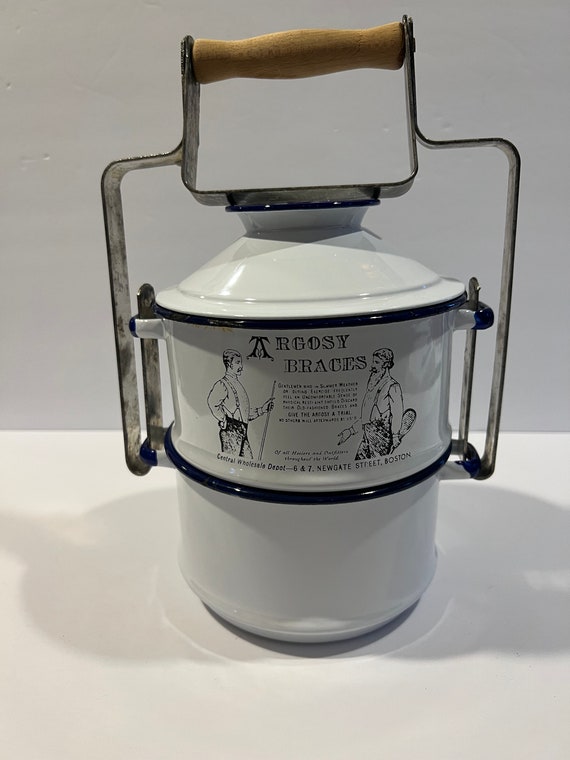 Antique Enamel Stackable Lunch Pail Advertising A… - image 1