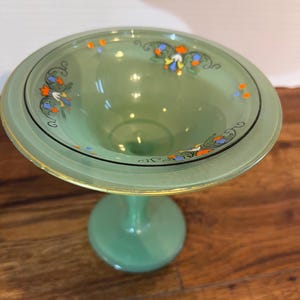 Vintage Bohemian Green Opaline Glass Compote Bowl – Hand-Painted Floral, Gold Trim, Mid-20th Century Collectible Candy Dish