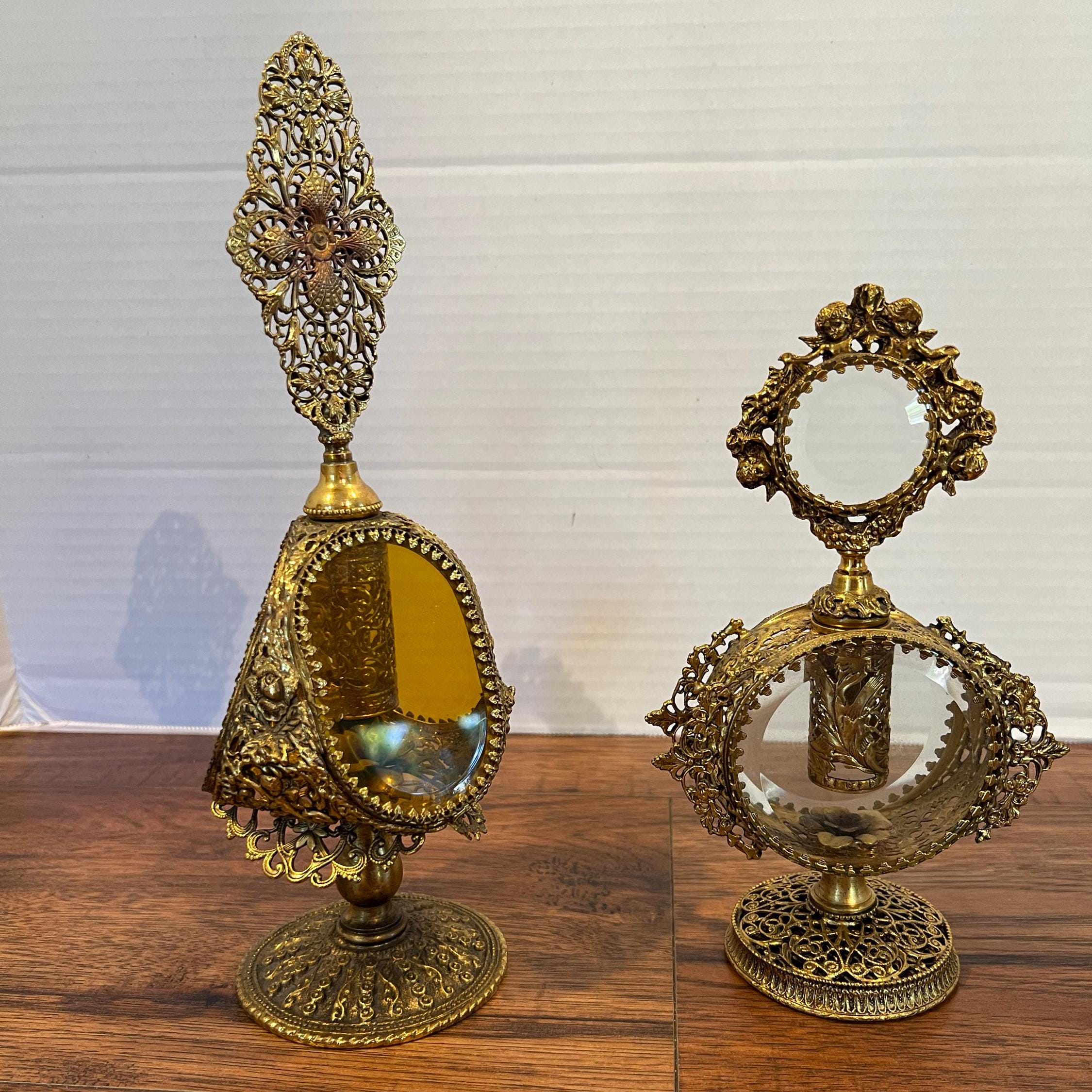 Rare Antique Gold Ormolu Filigree Perfume Bottle Vintage Cupid