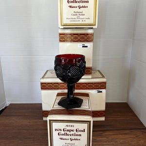 Avon Cape Cod Collection Water Goblets in Original Boxes with Original Candles – Vintage Ruby Red Glassware Classic Avon Tableware Barware