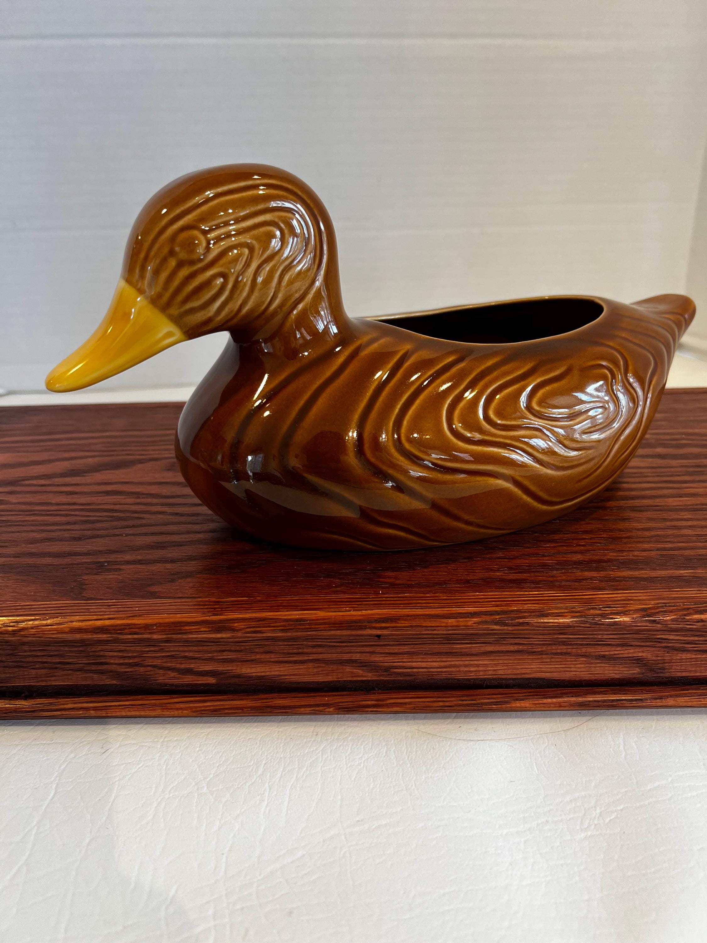 Rare Vintage 1981 FTDA Duck Ceramic Planter With Wood Grain Finish