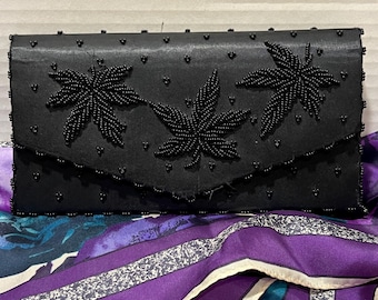 Elegant Black Beaded Satin Clutch | Vintage Handmade Evening Bag for Prom, Bridal, New Year's | Hong Kong Crafted Formal Purse