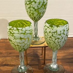 Handmade Mexican Wine Goblets Set of 3 Vintage Green & White Speckled Blown Glass Stemmed Cups Bright Colors One-of-a-Kind Artisan Glassware