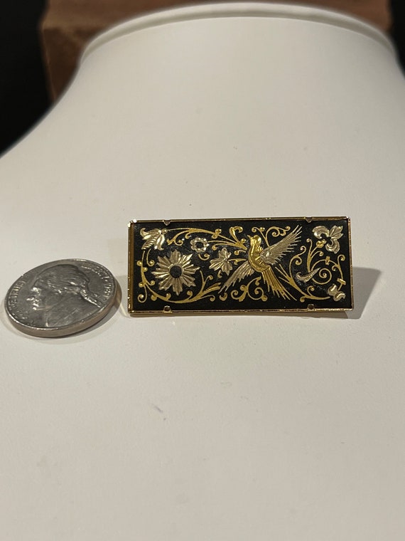 Vintage Damascene Pin Brooch Black Gold Bird Flow… - image 4