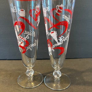 Vintage Libbey International Pilsner 10oz Beer Glasses Red Rim Red White Design Cocktail Vintage MCM Retro Glassware Home Favorites Gifts