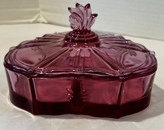 Vintage Fostoria Chintz Dusty Rose Cranberry Divided Candy Dish Lidded Relish Dish Art Deco Glassware Collectible from Indiana Tiara Glass