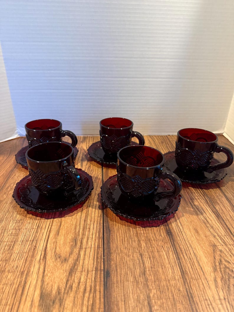 Vintage Avon Cape Cod Ruby Red Cup & Saucer Set - 1876 Collection - Heavy Pressed Glass - Coffee or Demitasse