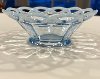 Vintage Imperial Blue Opalescent Depression Glass Bowl, Exquisite Lattice Edge Design, Intricate Antique Glassware, Perfect Collectors
