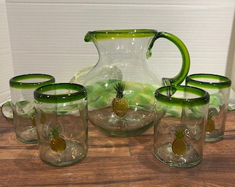 Authentic Mexican Pineapple Cocktail Set: Hand-Blown Glass, 4 Glasses & Pitcher - Elevate Your Tropical Parties Tiki Bar Experience