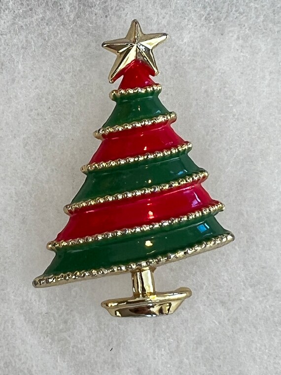 Vintage Red Green Enamel Christmas Tree Brooch Pi… - image 2