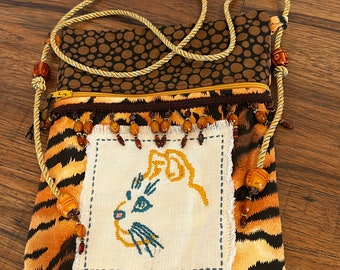 Handmade Cat Lion Embroidered Crossbody Bag | Unique Feline Design Purse for Cat Lovers | Cute Animal Purse for Fall | One of a Kind Gift