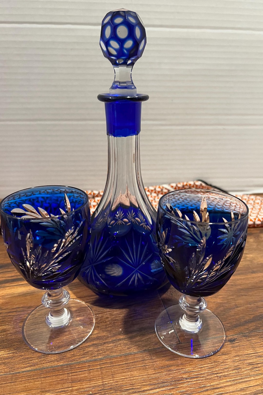 Vintage Czech Bohemian Crystal Decanter Set | Blue Cut Glass