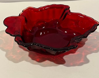 Vintage Red Leaf Trinket Plate Anchor Hocking Royal Ruby Red Maple Leaf Glass Appetizer Candy Serving Dish Snack