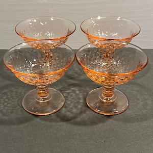 Vintage 4 Pink Sherbet Glass Imperial Diamond Quilted Pink Depression Glass Footed Cups Champagne Dessert Rare Tablescape Elegant Pink