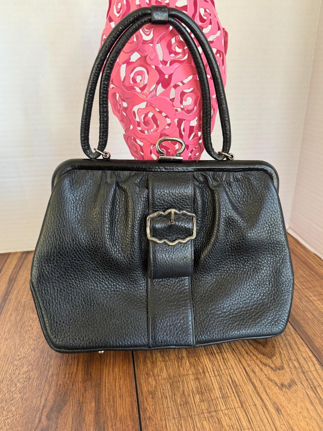 Vintage Saber Black Pebbled Leather Handbag | 1950s 1960s Mid