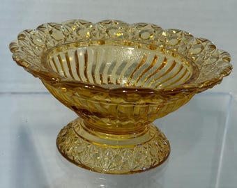Vintage Indiana Glass Candy Bowl | Amber Pedestal Compote | Ruffled Edge MCM Glassware | Mid Century Serving Bowl, Collectible Trinket Dish