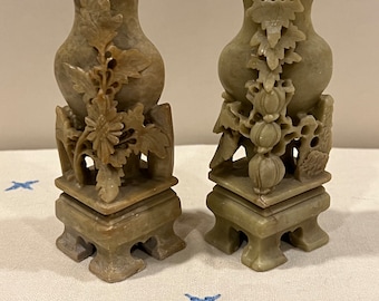 Vintage Carved Soapstone Vase Set Of 2 Handmade From China Hand Carved Intricate