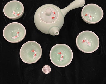 Tea Set Chinese Vintage Chinese Tea Set Green Ceramic with Koi, Koi Carp, Nishikigoi in the cups.