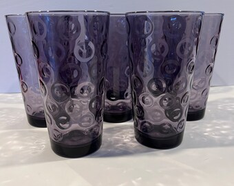 Set of 8 Vintage Circleware Glasses Purple Amethyst Glasses Cups Circular Optic Design