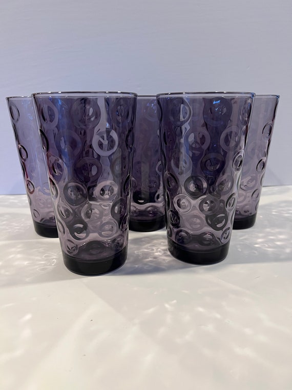 Set of 8 Vintage Circleware Glasses Purple Amethyst Glasses Cups Circular  Optic Design 