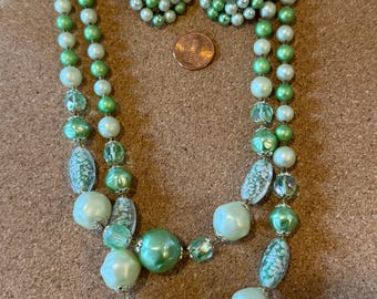 Vintage Signed Japan Green Faux Pearl & Art Bead Necklace Set | 1950s Demi-Parure with Matching Earrings | Mid-Century
