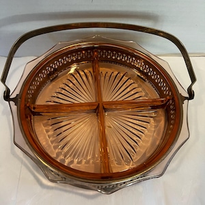 Vintage Pink Depression Glass Relish Tray w/ Handle Art Deco Candy Dish Trinket Dish Serving Tray Collectible Glassware Divided Dish