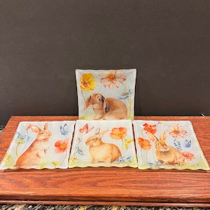 Lisa Audit Adorable Bunny Rabbit Plates Set Of 4 Vintage Glass Easter Plates - Bunny Lover Decor for Country Table, Charming Rustic Vibes