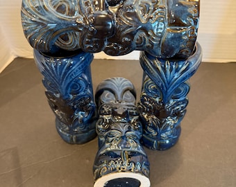 BarConic Blue Tiki Mug - Duece Double Face Ceramic - Hand Painted - Tropical Barware - Mid Century Modern