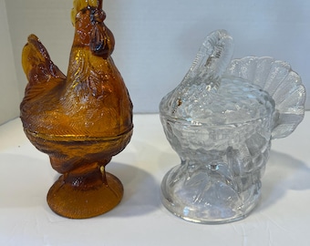 Vintage L.E. Smith Amber Glass Turkey/Rooster Candy Dish | Nesting Trinket Bowl Fall Decor Thanksgiving Centerpiece Collectible Serving Dish