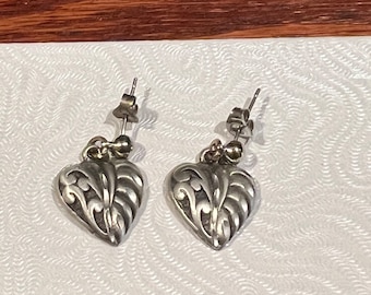 Vintage Pewter Heart Earrings for Pierced Ears, Signed & Stamped, Brighton Inspired Trendy Fashion Jewelry Gift Under 30