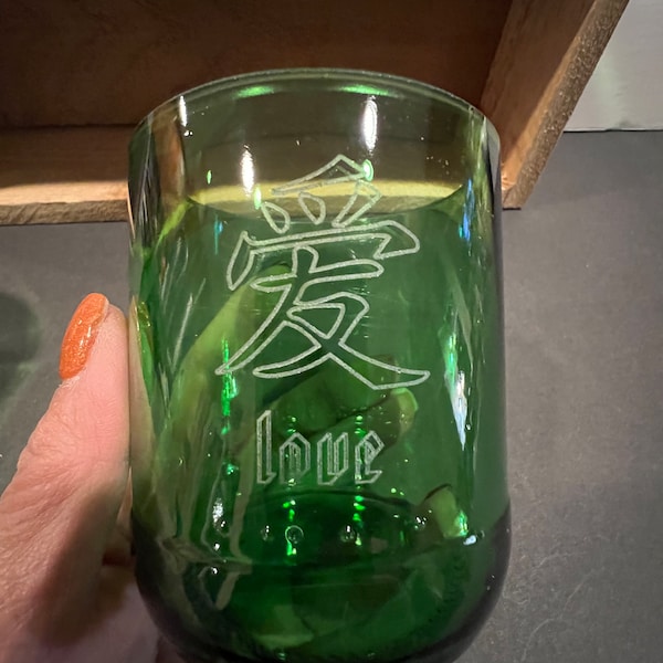 4 Green Glass Chinese Lowball Whiskey Glasses Happiness Love Peace Dream Crate Included Recycled Glass