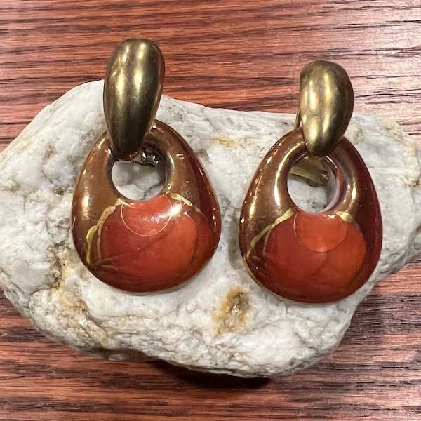 Vintage Earrings Burnt Orange Brown Gold Retro MCM signed GD