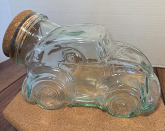 Vintage Green VW Beetle Car Glass Cookie Jar with Cork Lid | Retro Kitchen Canister | VW Bug Candy Storage Jar