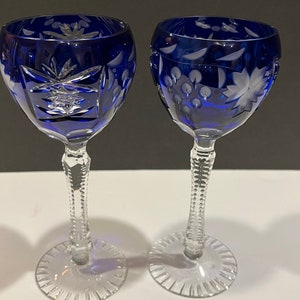 Vintage Cut to Color Colbalt Blue Sherry Crystal Wine Glasses Germany