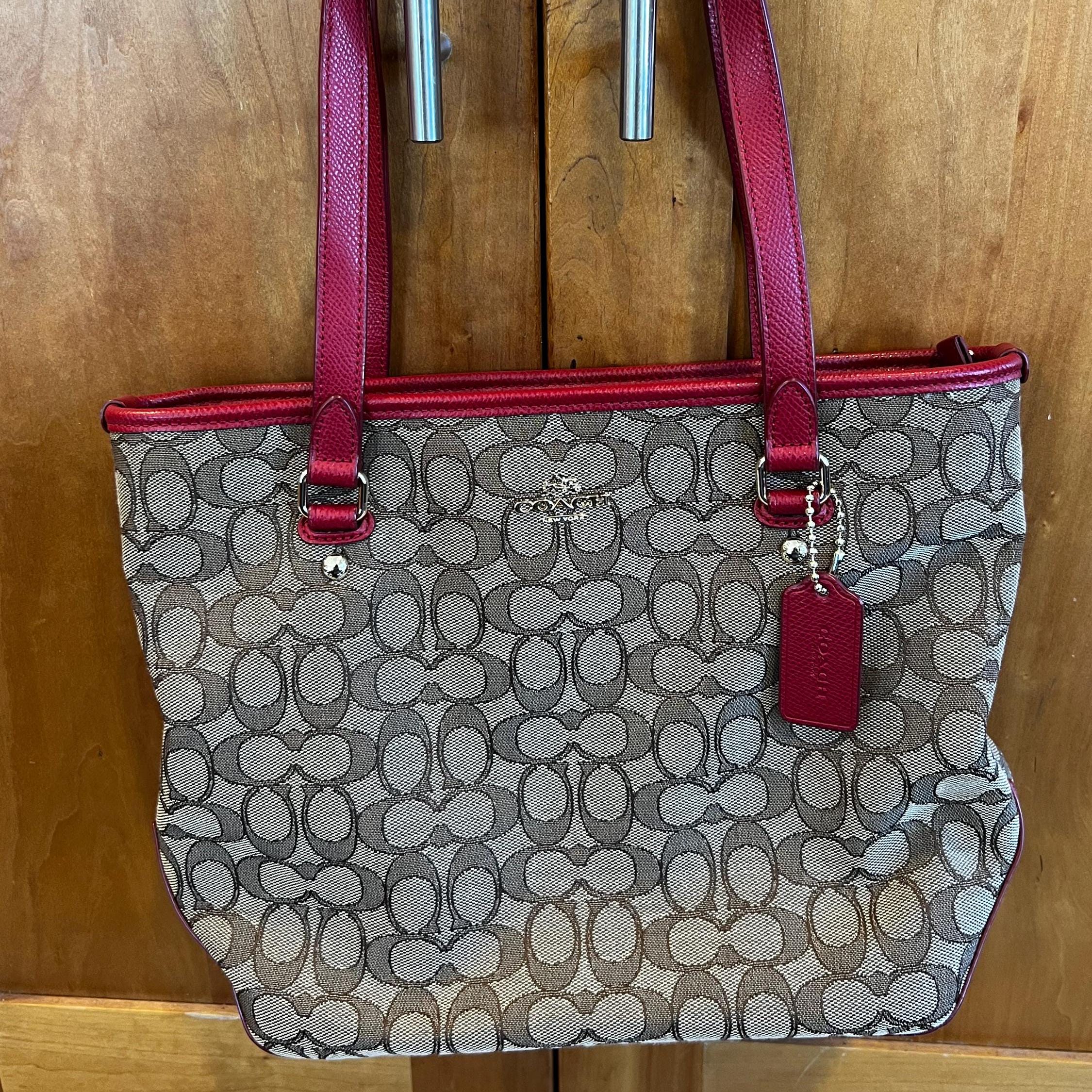 Coach Signature Tote Bag – Red Accents, Coated Canvas